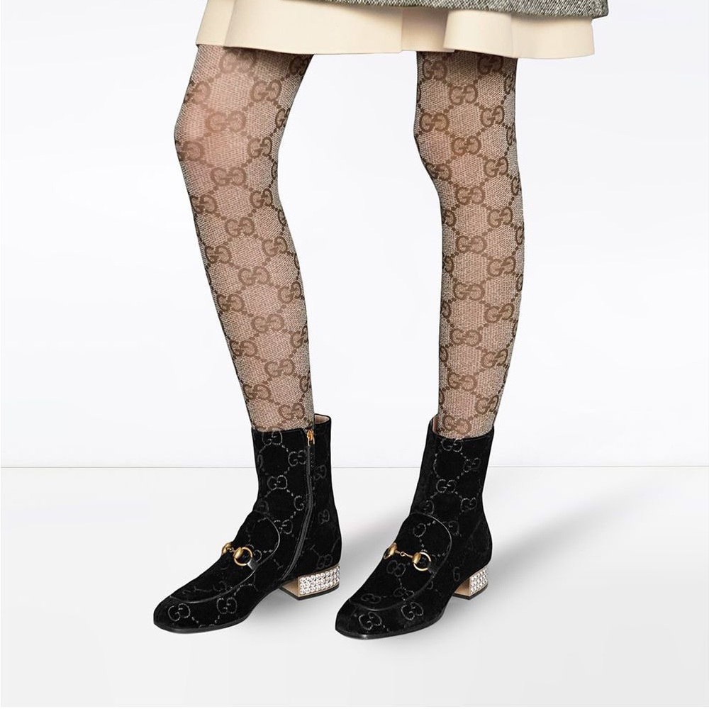 FINAL PRICE. BNIB Gucci Monogram Velvet Boot with Rhinestone Heels
